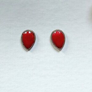 Red Teardrop Stud Post Earrings Gold Border